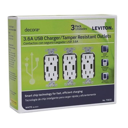 LEVITON Leviton 3809506 15A - 125 V Decora Receptacle & USB Charger; White 3809506